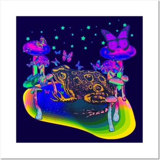 Psychedelic Magic Mushroom Frog Toad & Butterflies Colorful (version 2) Vibrant Tie Dye Posters and Art